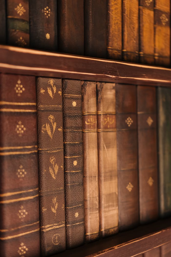 Close-up view of vintage leather-bound books on a wooden shelf, offering an antique library feel.